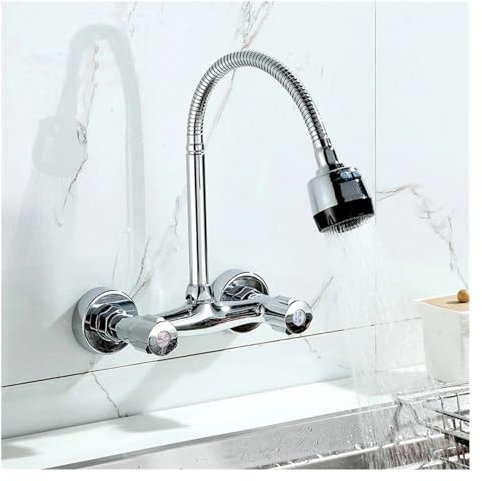 DRFGNF Wasserhahn, 2 Kupfer-Waschtischarmaturen für die Küche, an der Wand montierter Warm- und Kaltwasserhahn, schwenkbarer Waschtischhahn mit ausziehbarem Wasserhahn