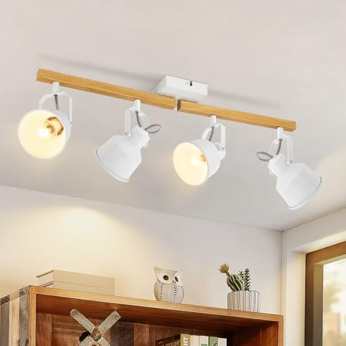 GBLY Deckenstrahler 4 Flammig Weiß: Deckenlampe Wohnzimmer Vintage Deckenspot Schwenkbar 350° MAX.25W E14 Fassung Industrial Holzmaserung Spotbalken für Schlafzimmer Büro (ohne Leuchtmittel)