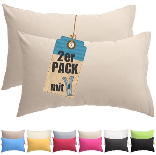 2er Pack Kissenbezug 50x60 cm Beige Baumwolle Kissenhüllen | Doppelpack, Reißverschluss verdeckt, waschbar, atmungsaktive Baumwoll-Mischgewebe (85% BW, 15% Poly), Kopfkissenbezug