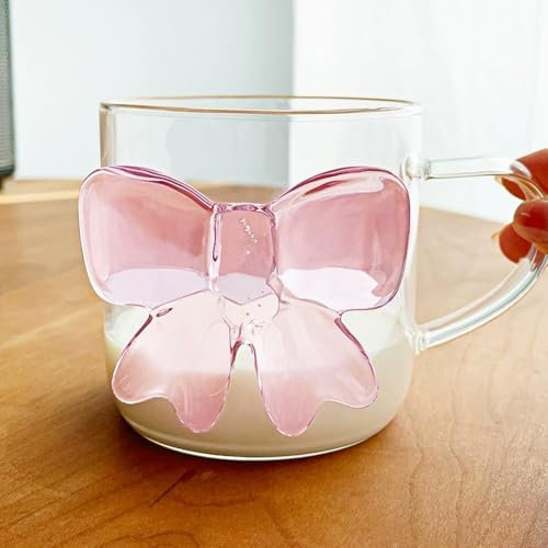 Pink Bow Clear Drinking Glass Cup, Coquette Cute Bow Glass Cups, Clear Glass Milk Juice Cup with Handle, Ice Coffee Cup for Women Coquette Decor Cocktail Glasses Birthday Gifts for Women Friend