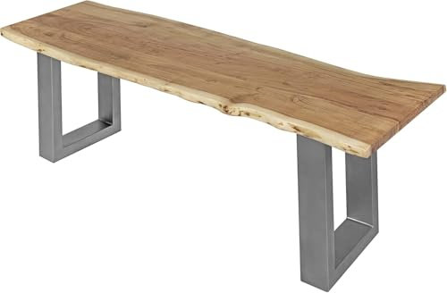 SAM Esszimmerbank 100x42 cm Chicago, Akazienholz naturfarben, Massive Holzbank mit echter Baumkante, Baumkantenbank mit U-Gestell Silber, Sitzbank mit 26 mm Platte