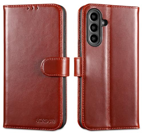 LENSUN Lederhülle für Samsung Galaxy A56 Echtleder Hülle, Glatt Dunkelbraun | Echtes Leder Handyhülle, Kartenfach mit RFID Schutz, Klappbar Brieftasche, Bookstyle Wallet, Stoßfeste Handytasche