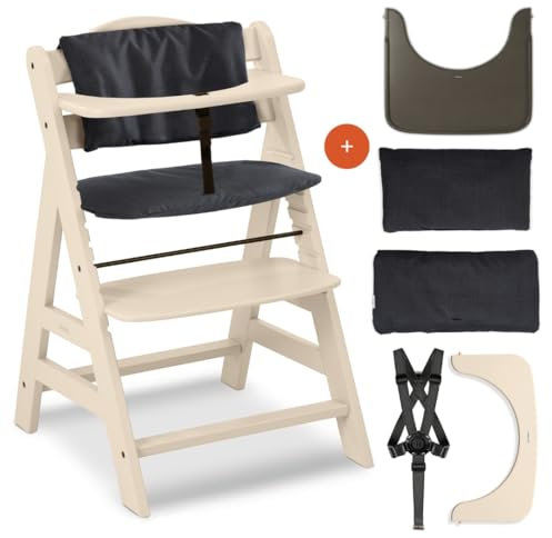 hauck Hochstuhl Alpha+ inkl. Tablett & Sitzpolster - Mitwachsender Babystuhl aus Holz, Kinderhochstuhl ab 6 Monate, verstellbar - Vanilla