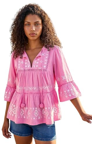Roman Petite Contrast Print Pom Pom Top for Women UK - Ladies Everyday Holiday Spring Summer V-Neckline Comfy Soft Evening Vacation Work Party - Petite Pink - Size 18