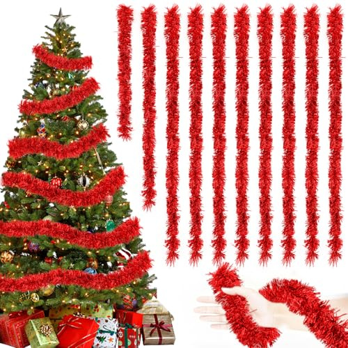 Tutukyle 20m Lametta Rot Girlande Weihnachten, Lametta Girlande für Vorhänge, Zimmer, Party Weihnachtsfeierdekoration