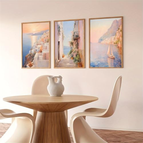 3-teiliges Premium Poster Set, Mediterrane architektonische Landschaft Bilder, Romantisches Rosa Leinwandgemälde, Moderne Wandbilder, Bilder Wohnzimmer Deko Schlafzimmer, Ohne Rahmen (30x40 cm)