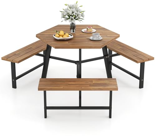 RELAX4LIFE Tavolo da Picnic in Legno di Acacia per 6 Persone con Panchine Incorporate, Set da Tavolo da Pranzo Esterno con Foro per Ombrellone e Struttura in Metallo per Patio, Giardino, Bordo Piscina