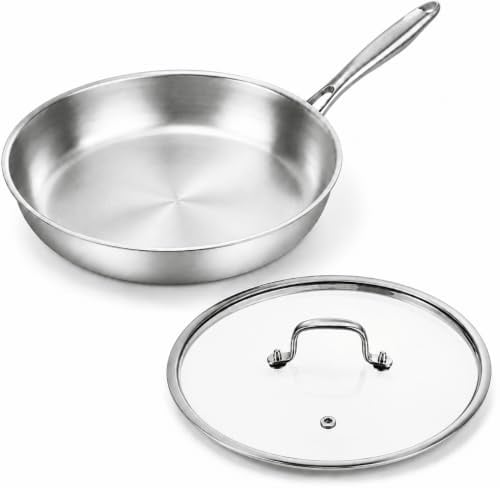 Nontoxicook Professional 26cm Tri-Ply Stainless Steel Frying Pan with Lid | Uncoated, PTFE & PFOA Free, Compatible with All Cooktops up to 315℃, Fast & Even Heat, Durable Skillet, Induction Cooking Pan