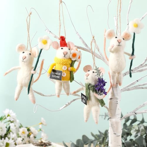 Hahafelt 4 Pcs Spring Wool Felt Mouse Set with Lavender Daisy Flower Handmade Hanging Ornament Handing Spring Flower Mice Family for Easter Decor, 3.94 Inch