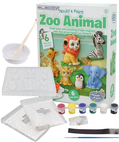 Mould and Paint Zoo Animal Craft Kit for Children – Creative Activity Set for Casting and Painting Fridge Magnet Models – Complete with Moulds Plaster Paints Brush and Mixing Accessories – 2 Pack