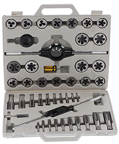 Tissting Jeu de Tarauds et Filieres 45 Pièces, Filetage Cylindrique 55° pour Fonte, Acier, Aluminium, Cuivre, Inclut Boîte de Rangement et Accessoires pour Artisans et Professionne (Métrique 16CM)