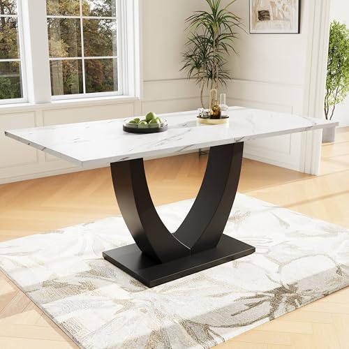 Lahoomu 140 x 75.5cm Esstisch Gestell aus Metall Rechteckiger Esstisch aus Marmormuster Küchentisch mit verstellbaren Füßen für Esszimmer Wohnzimmer, Weiß/Schwarz
