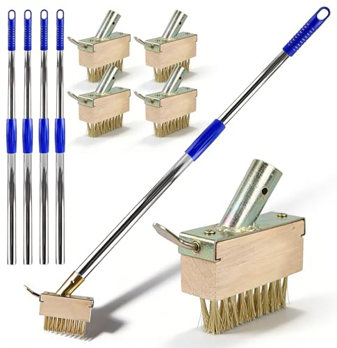 Lot de 4 brosses de désherbage : brosse à joints avec manche, manche en bois, grattoir à joints avec manche en acier inoxydable de 150 cm, pour enlever les mauvaises herbes et la mousse sur les joints