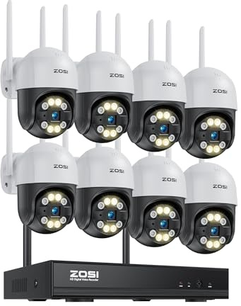 ZOSI 3MP WLAN Außen Überwachungskamera Set, 8X 360° PTZ Dome Kameras, Personenerkennung & -verfolgung, 2‑Wege Audio, Farbnachtsicht, Keine Festplatte inklusive