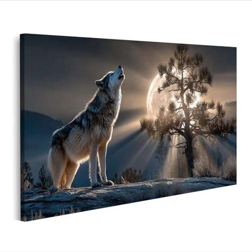 islandburner Bild auf Leinwand Heulender Wolf im Mondschein - Wandbild für Naturfreunde - Edition B2