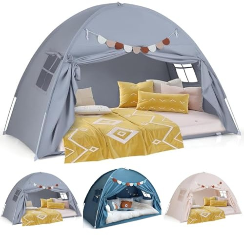 Spielzelt Kinder Indoor- Bettzelt, Spielhaus Kinder Mit Flaggen-195 X 98 X 125cm Maschinenwaschbar Tipi Zelt FüR Kinder, Ab 3 Jahren FüR Kinderzimmer, Spielzimmer,Party, Schneller Aufbau (Grau)