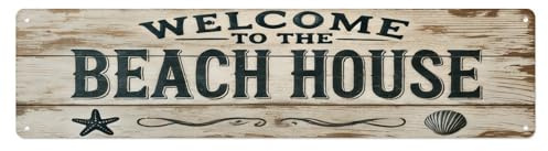 Welcome To The Beach House, Coastal Decor Retro Blechschild, Vintage-Wanddekoration für Zuhause, Bar, Café, Metallposter 10,2 x 40,6 cm