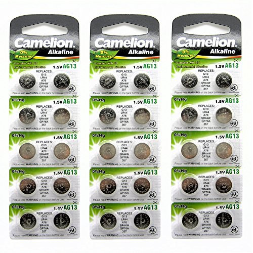 30 X Camellion AG13 L1154 LR44 A76 157 V13GA RW82 0% Quecksilber Alkaline Batterie verwendet in Uhren, Taschenrechner, usw.