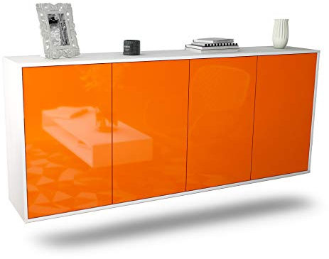 Dekati Sideboard Lakewood hängend (180x77x35cm) Korpus Weiss matt - Front Hochglanz Orange - Push to Open