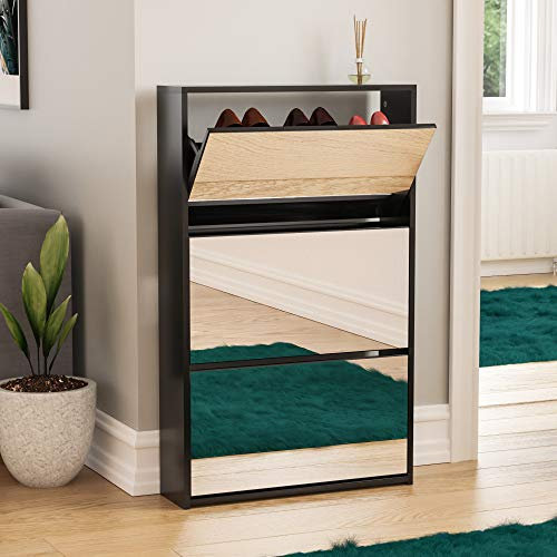 Vida Designs Welham 3 Drawer Mirrored Shoe Cabinet, Hallway Cupboard Storage Organiser, Footwear Stand Rack, Wood Sideboard Unit, Black