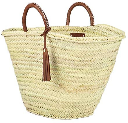 ArtOuarzazate Marokkanischer Marktkorb, französischer Korb, Strohtasche mit Ledergriffen, Strandtasche, Strohtasche, Strandtasche, Korbtasche, Einkaufskorb, Weidenkorb mit Griff, Strohmarktkorb