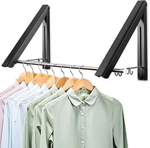 LIVEHITOP Klappbar Wand Kleiderständer 2 Stück Platzsparend Aluminium Kleiderhaken mit Stange und Kleiderbügel Haken Halter für Schlafzimmer Badezimmer Balkon Indoor Outdoor (Schwarz)