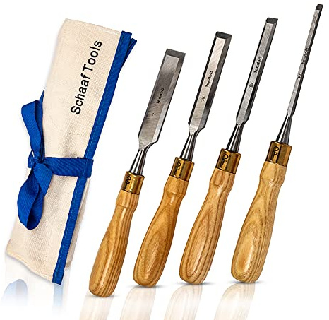 Schaaf Tools 4-Piece Wood Chisel Set for Woodworking, Cr-V 60 Steel Blades