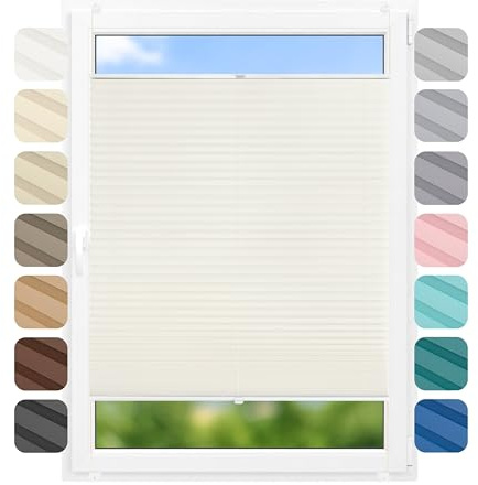 Birrke® Klemmfix Plissee ohne Bohren 80x220 cm, lichtdurchlässig, Blickdicht - Up & Down Faltrollos für Fenster ohne Bohren - Jalousie innen, Sichtschutz, Sonnenschutz - Vanilla Pudding, Ecru