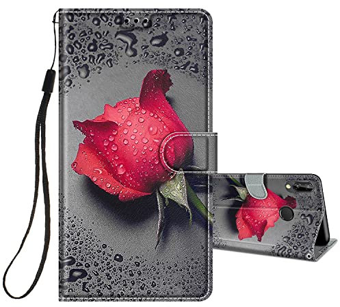 HopMore Handyhülle für Huawei P20 Lite Leder Hülle, Klappbar Klapphülle Lederhülle PU Flip Case 360 Grad Schutzhülle Motiv für Mädchen Frauen Jungen Handytasche Stoßfest Silikon - Rose