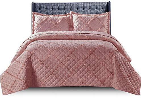 Quilted Bedspread Bed Throws for Room Decor - Quilted Fabric Embossed Striped Pattern Ruffle Design Reversible Quilt Bedspreads Coverlets with Hypoallergenic Pillow Cover (King, Ruffle Rose)