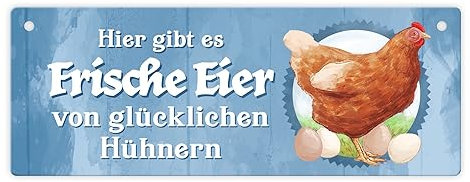 Frische Eier von glücklichen Hühnern Metallschild für den Bauernladen oder Dekoration am Hühnerstall als Werbung für einen Bauernhof oder Dorfladen 7,5x20 cm