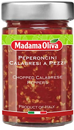 MADAMA OLIVA, Peperoncini Calabresi, Peperoni Piccanti Calabresi Tritati Sott'Olio di Girasole, Senza Aggiunta di Conservanti, 100% Made in Italy, Vaso in Vetro da 310 gr