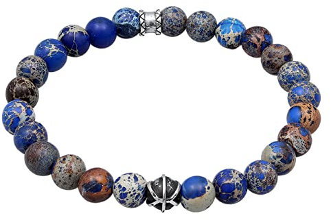 Kuzzoi Buddha Herren Armband aus blau gefärbten Achat Perlen, Organic Beads aus 925 Sterling Silber, Yogaarmband, Energiearmband, Steinarmband, Länge 21 cm