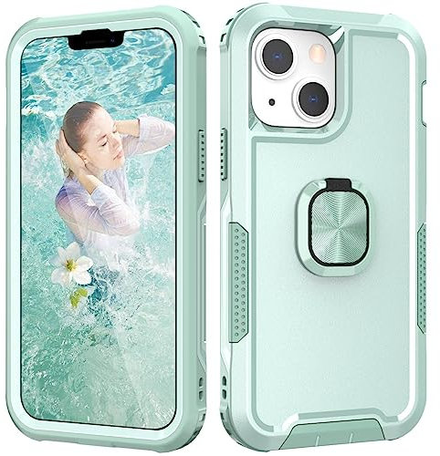 iPhone 13 Case Shockproof iPhone 13 Phone Case with Ring Military Grade Full Protective TPU Bumper Hard PC Back Cover Built-in Magnetic Kickstand Car Mount, Green