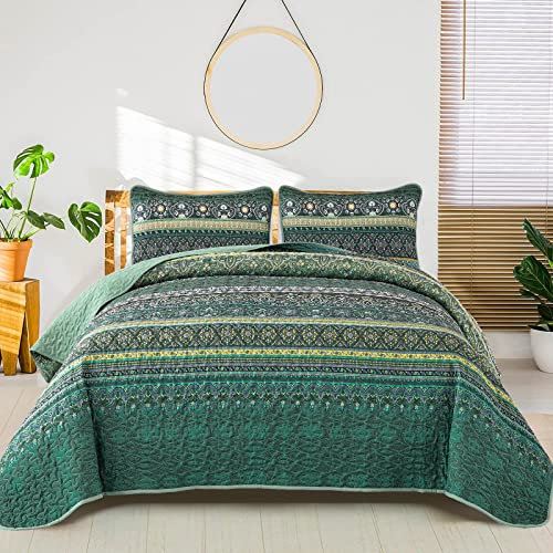 WONGS BEDDING Tagesdecke 240x260 Bettüberwurf Boho Decke Steppdecke 3 Teilig Doppelbett Gesteppt Bettdecke Mikrofaser Wohndecke mit 2 Kissenbezug 50x75 für Schlafzimmer als Sofaüberwurf (Grün)