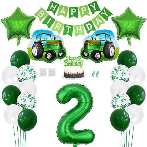 Daimay Traktor Geburtstag Deko 2 Jahre Auto Foil Balloon Happy Birthday Banner Trecker Luftballons Bauernhof Geburtstagsdeko Grün Folienballon Traktor Bagger Tortendeko für Jungen Party Dekoration
