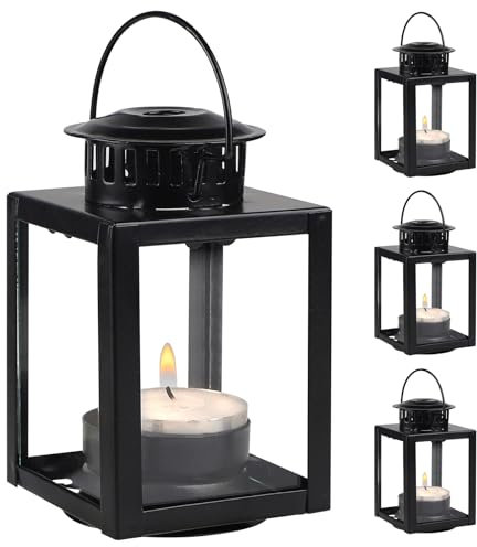 SWAWIS 4 Stück Laternen für Kerzen Gartenlaternen, Schwarze Gartenlaterne für Teelichthalter, Vintage Hängen Kleine Laternen, Metall Klein Laterne für Dekoration von Hochzeit Geburtstagsparty Garten