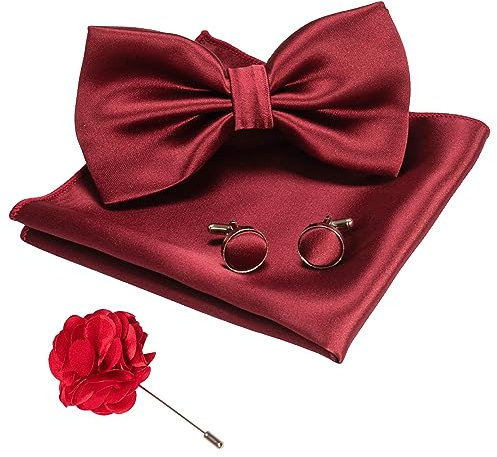 JEMYGINS Herren Fliege Satin Weinrot (7) Fliege und Einstecktuch mit Manschettenknöpfe Brustblume Sets