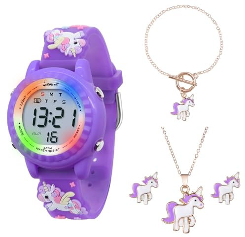 HMJIA Licorne Enfants Montre Digitale et Collier Set Montre étanche avec Alarme Chronomètre Clignotant Lumières 3D Cartoon Bande Silicone Cadeaux pour Filles de 3 à 12 Ans (Kit Licorne Violette)