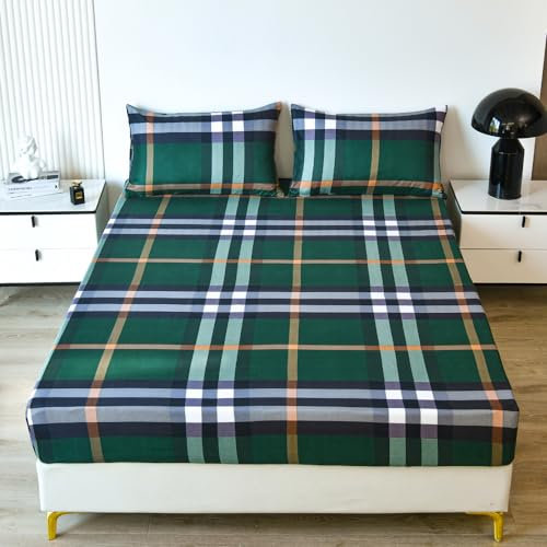 Highdi Spannbettlaken Moderne Drucke, Weiches Atmungsaktiver Mikrofaser Bettlaken, Matratzenschoner Tiefe Tasche für bis 27cm Matraze (90x200cm+27cm,Grün kariert)