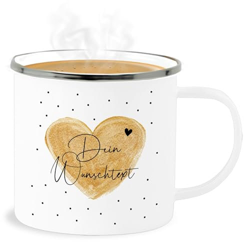 Emaille Becher Blechbecher - Aufdruck selbst gestalten - Dein Wunschtext I Geschenk personalisiert Weihnachten I Vatertag I Muttertag I Geburtstag - 300 ml - Weiß Silber - personalisierte teetasse