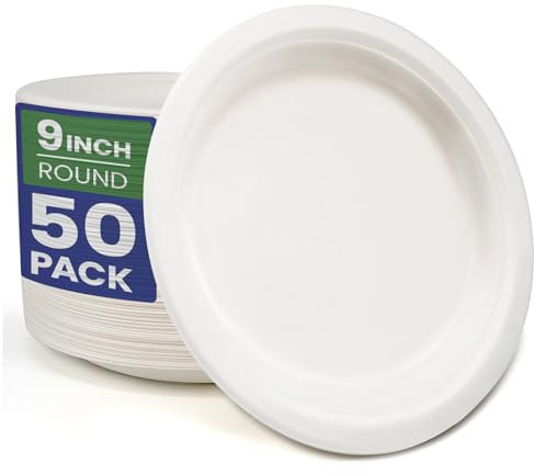 GreFusion 9 Inch Sugarcane Disposable Plates [50 Pack] Heavy Duty Paper Plates
