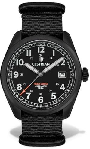 Cestrian Field Series Automatikuhr für Herren, schwarzes Zifferblatt, schwarzes PVD-Gehäuse, NATO-Armband, Militär-Stil, 200 m, CF121N5660, Schwarz , Armband
