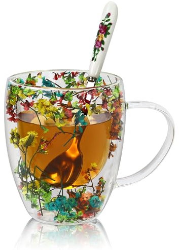 Dried Flowers Glass Tea Cup with Spoon Glass Coffee Mugs 350 ML Insulated Heat Resistant for Hot and Cold Drinks Double Wall Glasses Mug for Coffee Milk Latte Juice Ice Cream Birthday Gifts for Women