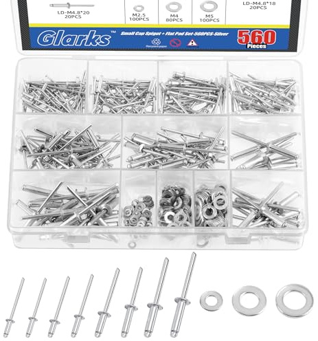 Glarks 560pcs Silver kit de fixation pour rivets de carottage, rivets de carottage en aluminium n ° 8 avec rondelle de rechange n ° 3 pour meubles de voiture aéronautique