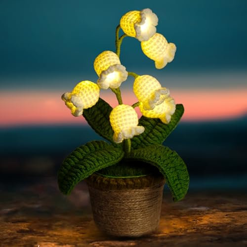 leroyko Lily of The Valley Lamp, Crochet Artificial Tabletop Flowers Pot with Night Lights Desk Home Decor, Birthday Christmas Valentine Gifts for Women(Large)