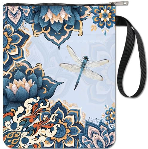 craspire Boho-Blumen-Libellen-Buchhülle Mit Reißverschlusstasche, Geschenke Für Buchliebhaber Mandala-Lotus Hardcover-Taschenbücher wasserdichte Buchtasche Schutzhülle Für Frauen Freunde Leser