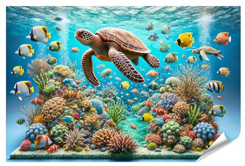 islandburner XXL Bild Poster Unterwasserwelt mit Schildkröten und bunten Fischen Premium Bilder Fotodruck