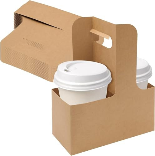 250 Pack 2 Cup Drink Carrier with Handle, Kraft Paperboard Handled To Go Coffee Cup Holder, For Hot and Cold Takeout, Cafe and Restaurant Food Service Delivery