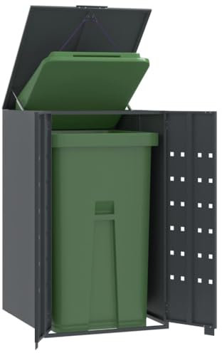 qohoio Wheelie Bin Storage for Single Bin Anthracite 69x79x117 cm Steel,Garden Wheelie Bin Hideaway Waste Bin,Storage Shed w/Locking Doors Assisted lift up Lid easy use Outdoor Hygienic Dustbin Unit C